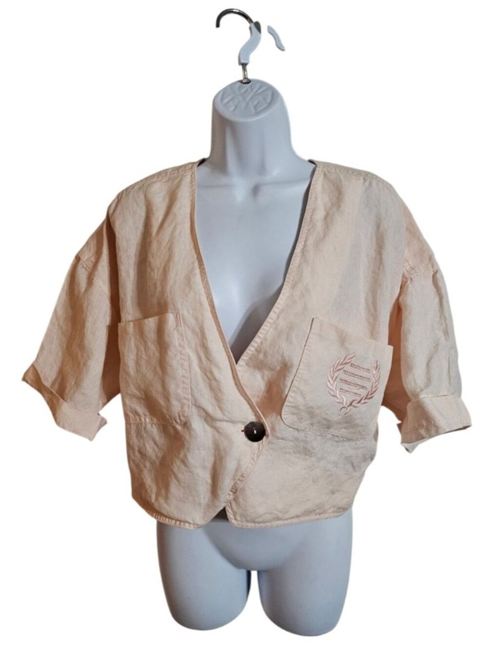 Linda Allard For Ellen Tracy Petite 10 Linen Crop Top Pink Embroidered Preppy - Picture 2 of 8